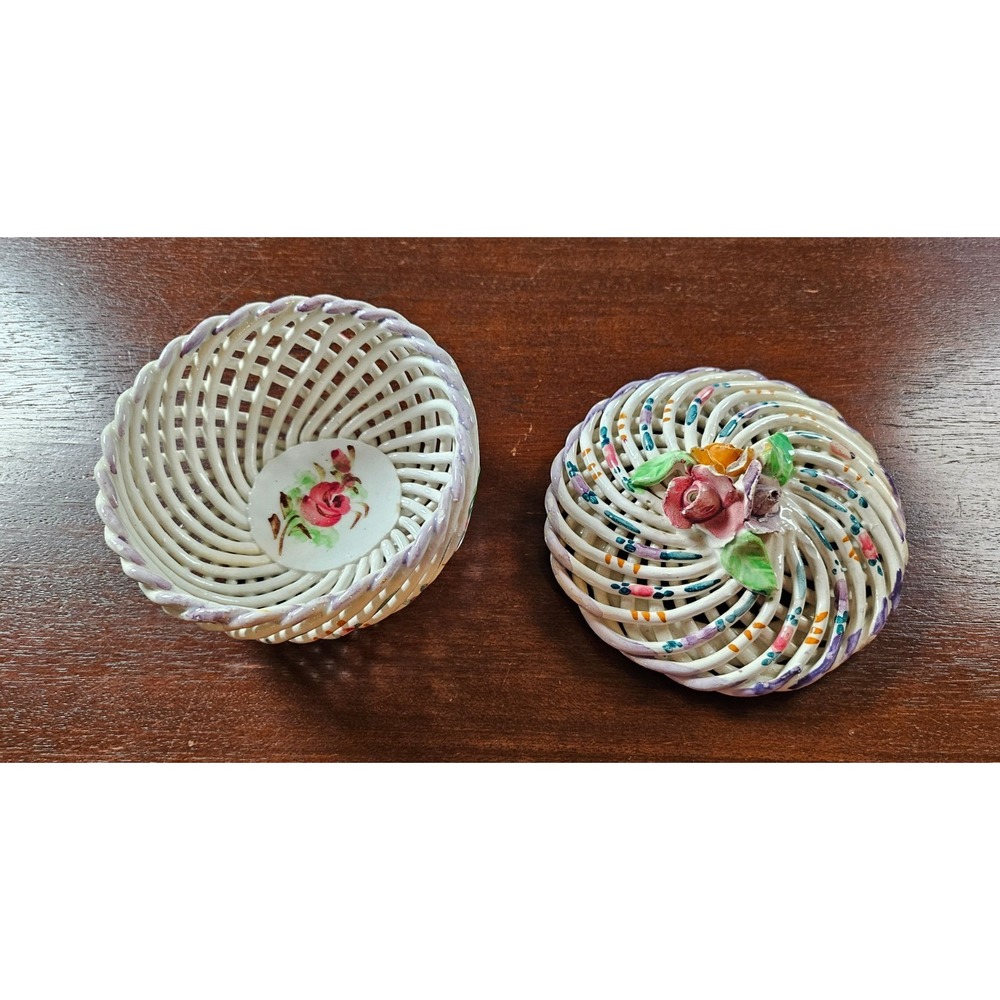 Vintage Capodimonte Twisted Rope Weaved Trinket‎ Lidded Basket Dresser Flower